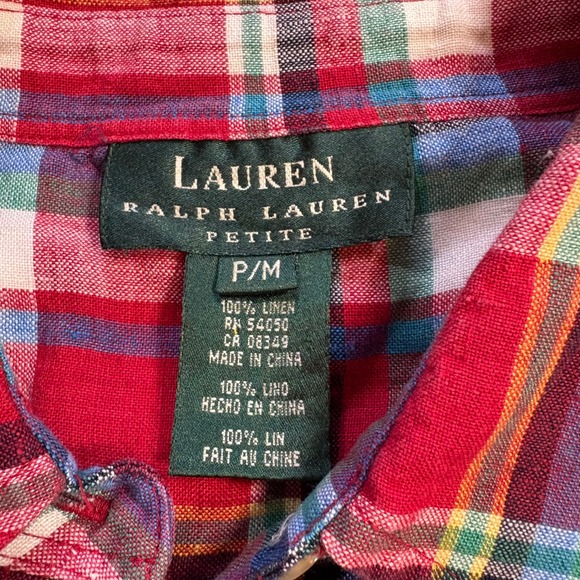 Lauren Ralph Lauren Petite Plaid Linen Button Down Shirt Red Green Blue Size M - Picture 5 of 8